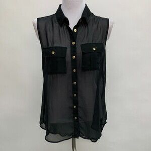 Cotton On Women's Top Small Black Sheer Sleeveless Button Down Collared